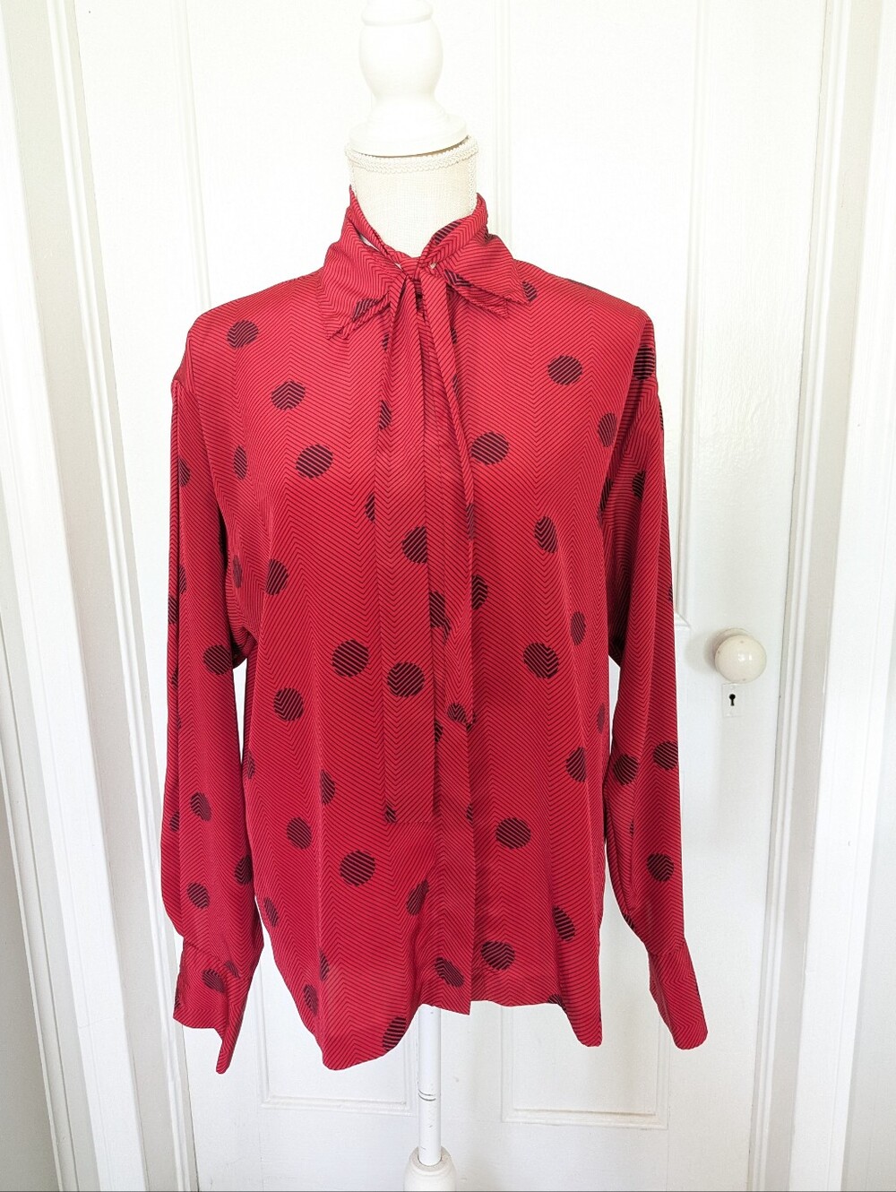 Vintage Jantzen Red Black Polka Dot Tie Neck Secretary Blouse Retro Chic 70's